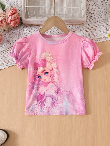 Abbigliamento Moda Bambina Top Rosa Manica a Sbuffo Cartoon e Pantaloni Denim Stampa Margherite Cuore Completo Estivo Autunnale