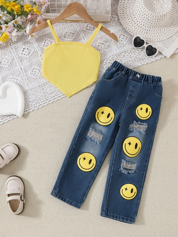 Ensemble d'Été pour Filles Top Camisole en Maille Jaune et Pantalon en Denim Déchiré avec Écusson Smiley