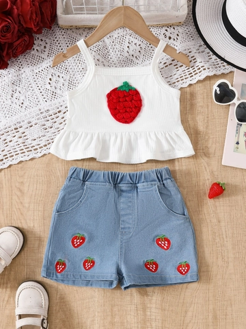 Ensemble d'Été pour Filles avec Broderie Fraise Caraco en Coton Côtelé et Short en Denim à Volants Deux Pièces