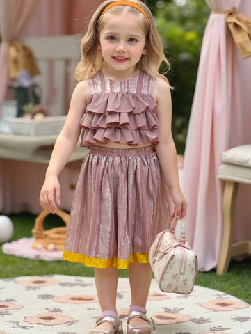 Meisjes Zomer Polyester Tweedelige Outfit Set Mouwloze Ruches Cake Top En Geplooide Rok Zoete Prinses Vakantiekleding