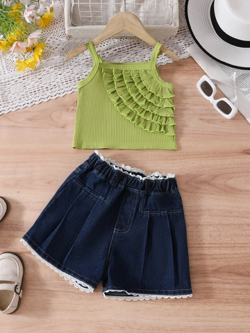 Completo Estivo da Bambina Top a Costine Con Volant e Pantaloncini in Denim Con Bordo in Pizzo Abbigliamento Casual Vacanza