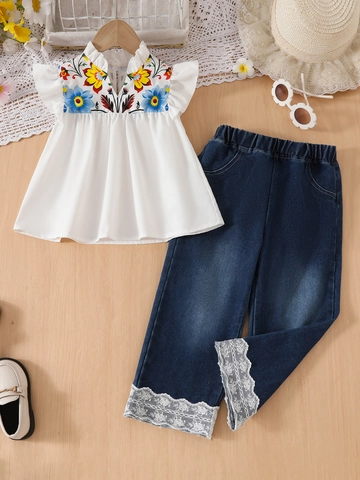 Completo Estivo da Bambina Top con Stampa Floreale e Pantaloni in Denim Stile Western Abbigliamento in Cotone per Bambini