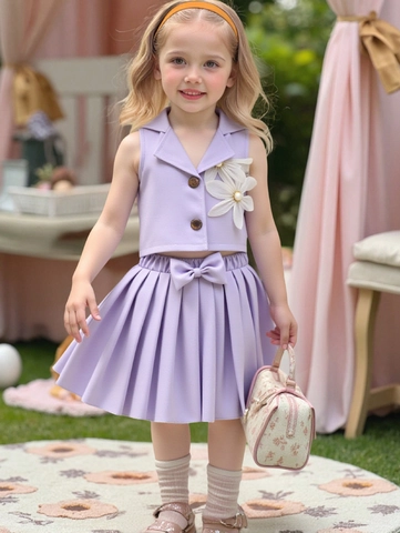 Abbigliamento Estivo per Bambina Gilet Senza Maniche con Revers e Gonna a Pieghe con Fiocco a Fiori 3D Abbigliamento Formale Dolce