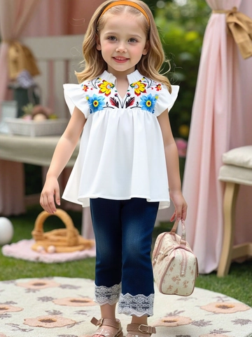 Completo Estivo da Bambina Top con Stampa Floreale e Pantaloni in Denim Stile Western Abbigliamento in Cotone per Bambini