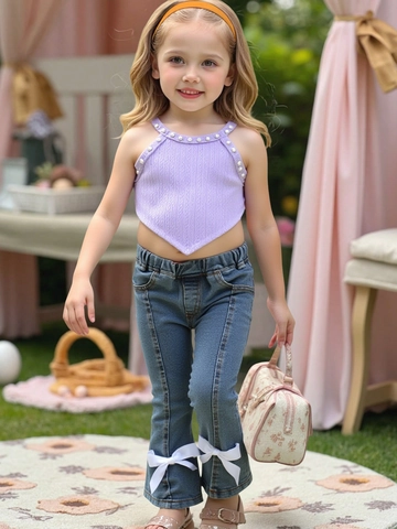 Set da 2 Pezzi per Bambina Estate Top a Costine Viola Con Perle Artificiali e Pantaloni in Denim a Campana Con Fiocco Blu Abbigliamento