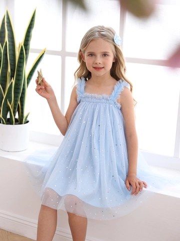 Vestito da Principessa in Rete per Bambine Blu Chiaro Stella Luna Paillettes Volant Senza Maniche Tulle per Festa Estate