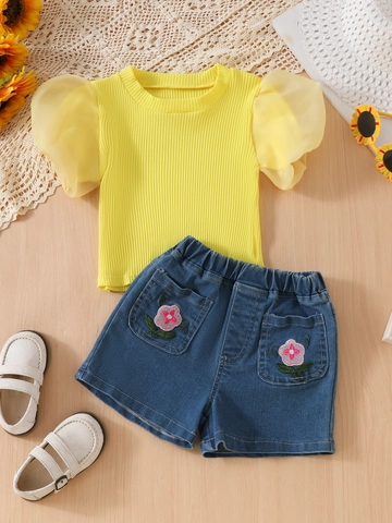 Girls Summer Outfit Yellow Ribbed Mesh Puff Sleeve Top And Flower Embroidered Denim Shorts Clothing Set For Kids Vacation