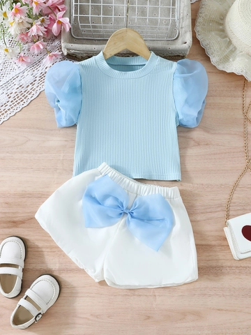 Meisjes Zomer Kleding Set Pofmouwen Mesh T-Shirt En Strik Shorts Zoete 2-Delige Outfit Voor Peuters Kinderen