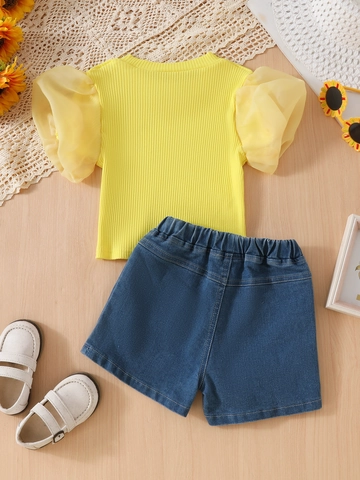 Girls Summer Outfit Yellow Ribbed Mesh Puff Sleeve Top And Flower Embroidered Denim Shorts Clothing Set For Kids Vacation