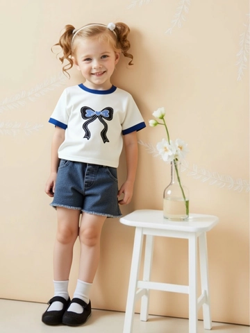 Mädchen Sommer Baumwolle 2-Teiliges Bekleidungsset Schleife Druck Kurzarm T-Shirt Und Denim Shorts Casual Outfit Für Kinder