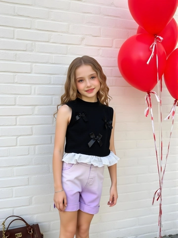 Girls Summer Bow Sleeveless Top And Gradient Denim Shorts Sweet Korean Fashion Cotton T-Shirt And Shorts Outfit Clothing