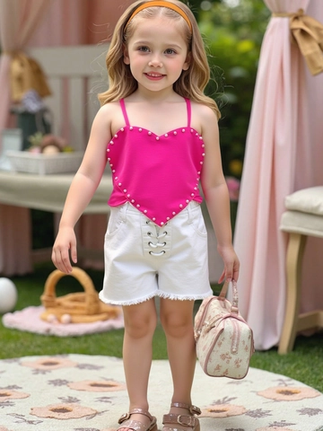 Girls Summer Outfits Polyester Heart Shaped Cami Top With Artificial Pearl White Denim Shorts Top And Pants Kids Clothing