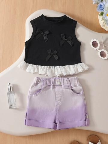 Girls Summer Bow Sleeveless Top And Gradient Denim Shorts Sweet Korean Fashion Cotton T-Shirt And Shorts Outfit Clothing