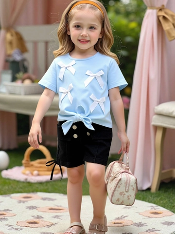 Girls Summer Fashion Clothing Blue Bowknot Short Sleeve Top And Black Denim Shorts Casual Outfit For Outdoor Play