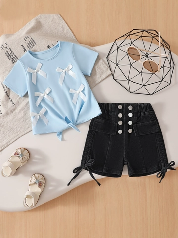 Girls Summer Fashion Clothing Blue Bowknot Short Sleeve Top And Black Denim Shorts Casual Outfit For Outdoor Play