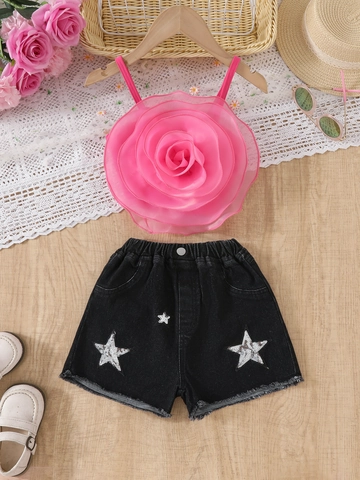 Completo Estivo da Bambina Moda Top a Canotta Con Fiori 3D e Pantaloncini di Jeans Con Stelle e Paillettes Completo 2 Pezzi Abbigliamento Casual