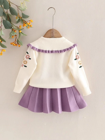 Completo Maglione a Maglia e Gonna a Pieghe per Bambina Ricamo Colletto Peter Pan Cardigan Top e Gonna per Autunno Inverno