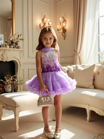 Ensemble Tenue Filles Débardeur à Paillettes et Jupe Tutu en Maille Été Sans Manches Robe de Fête Dégradée pour Enfants Mode