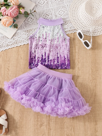 Ensemble Tenue Filles Débardeur à Paillettes et Jupe Tutu en Maille Été Sans Manches Robe de Fête Dégradée pour Enfants Mode