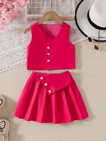 Mädchen Heißes Rosa Zweiteiliges Bekleidungsset Ärmelloses Weste-Top Und Plisseerock Eleganter Sommer-Outfit Mit Löwenrelief-Knöpfen