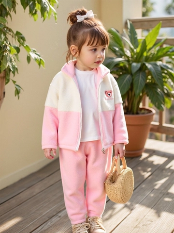 Peuter Meisjes Winter Warm Fleece Outfit Beer Borduurwerk Patchwork Rits Jas En Broek Kinderen Zachte Fleece Trainingspak