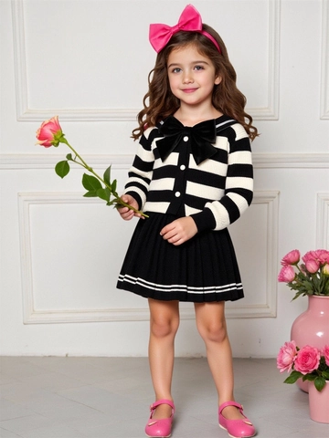 Abbigliamento da Bambina in Stile Preppy a Righe Con Cardigan a Contrasto e Gonna a Pieghe per Primavera Autunno