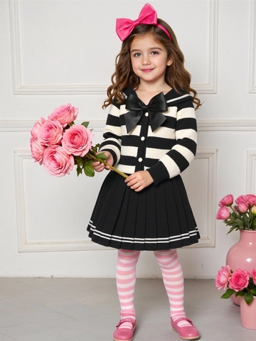 Abbigliamento da Bambina in Stile Preppy a Righe Con Cardigan a Contrasto e Gonna a Pieghe per Primavera Autunno