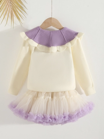 Meisjes Konijnenhaarmix Gebreid Vest En Tutu-Rok Outfit Ruffle Kraag Bloemenknopen Zoete Kinderkledingset