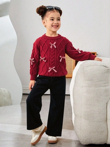 Girls Sweet Cable Knit Sweater Bow Pullover And Wide Leg Ribbed Pants Polyester Viscose Long Sleeve Warm Outfit For Autumn Winter