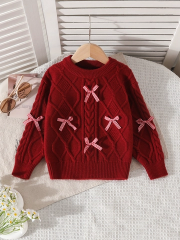 Girls Sweet Cable Knit Sweater Bow Pullover And Wide Leg Ribbed Pants Polyester Viscose Long Sleeve Warm Outfit For Autumn Winter