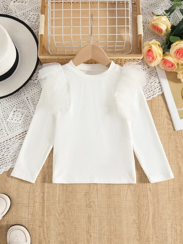 Girls Sweet Mock Neck Long Sleeve T-Shirt Mesh Ruffle Shoulder Ribbed Knit Bottoming Shirt For Toddlers Solid Color Top