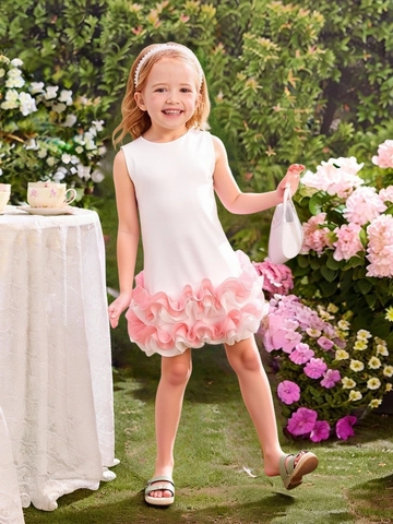 Robe Sans Manches de Petite Princesse Douce à Fleurs 3D en Polyester pour Mariage Fête Robe Gilet à Volants pour Fillette Robe Tutu d'Été