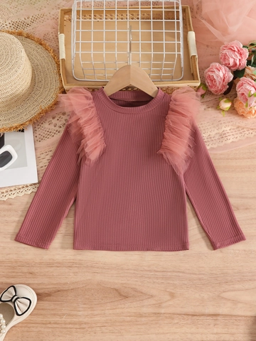 Girls Sweet Mock Neck Long Sleeve T-Shirt Mesh Ruffle Shoulder Ribbed Knit Bottoming Shirt For Toddlers Solid Color Top