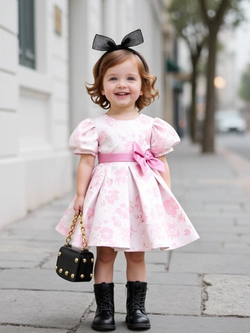 Abito da Principessa Bambina con Maniche a Sbuffo Stampa Floreale Fiocco Vestito da Festa Matrimonio Bambini Estivo Elegante