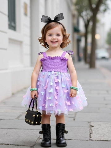 Abito da Ragazza in Maglia con Farfalle 3D Dolce Abito da Principessa Tutu a Punto Smock Abito da Fata Estivo Senza Maniche