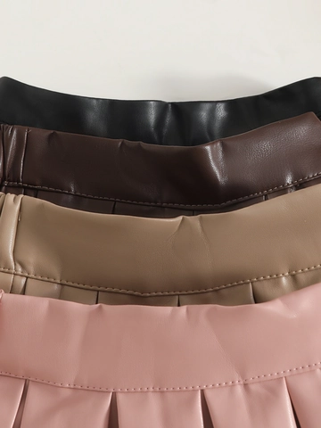 Girls Academy Style PU Leather Pleated Skirt Solid Color JK Uniform Mini Skirt For Kids School Daily Wear