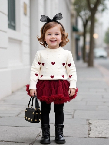 Ensemble Deux Pièces pour Filles Pull Tricoté Motif Cœur et Jupe Tutu en Tulle Bordeaux Tenue de Mode Automne Hiver