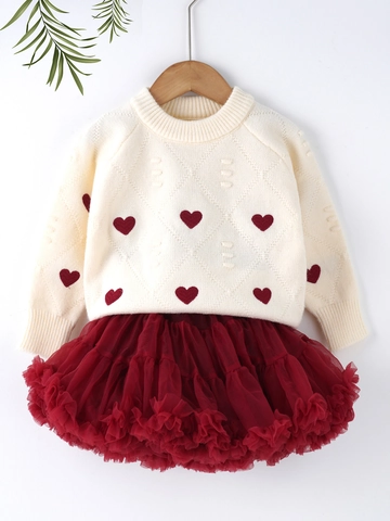 Ensemble Deux Pièces pour Filles Pull Tricoté Motif Cœur et Jupe Tutu en Tulle Bordeaux Tenue de Mode Automne Hiver