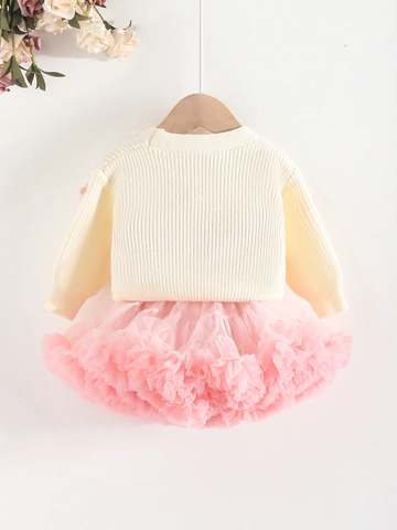 Completo di Abbigliamento in Stile Occidentale Dolce da Bambina in Poliestere Cardigan a Maglia con Fiori All'uncinetto e Gonna Tutù in Mesh Rosa Due Pezzi per Festa di Festival dei Bambini