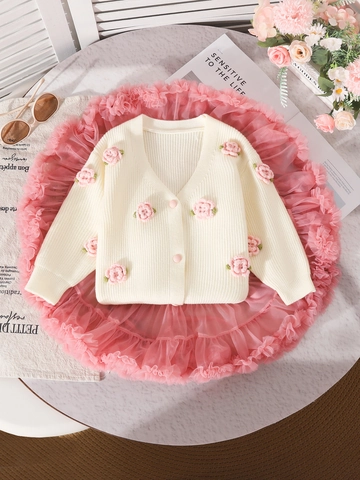 Mädchen Elegantes Strickjacke Und Tutu Mesh Rock Outfit Off White Rosa 3D Häkelblume Langarm Pullover Mesh Rock Kleidung