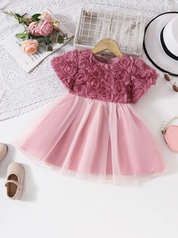 Meisjes Prinsessenjurk met 3D Bloemen Gaas Elegant Roze Patchwork Tule Mouwloos Galajurk Kinderkleding
