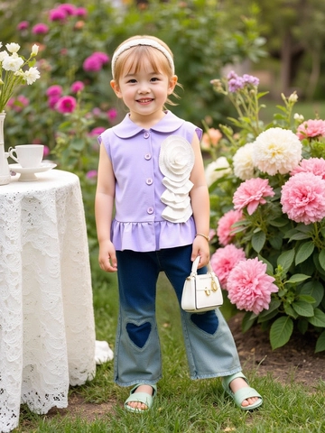 Mädchen Sommer Outfits Ärmelloses 3D Blumen Shirt Und Herz Denim Schlaghose Weiches Baumwoll Kinder Bekleidungsset