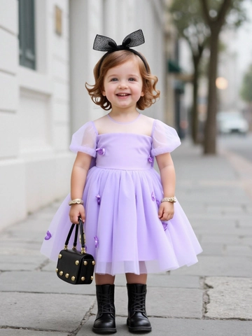 Mädchen Violett Prinzessin Kleid 3D Schmetterling Applikation Puffärmel Netz-Tüll Gown Für Geburtstag Party Hochzeit Sommer Kleidung