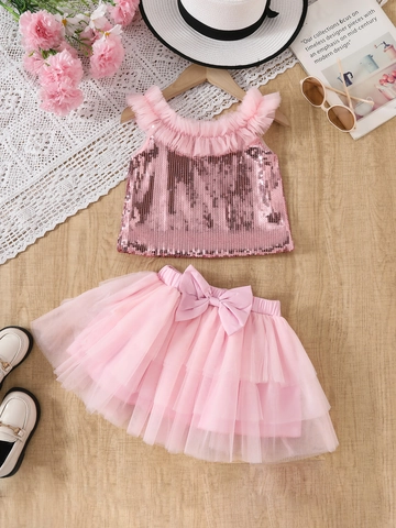 Completo da Ragazza con Top Smanicato con Paillettes Rosa e Gonna Tutù in Tulle a Strati Vestito da Principessa per Bambini