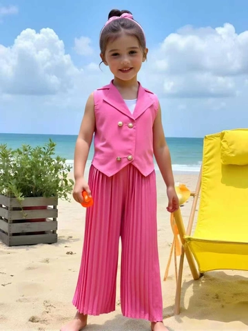 Conjunto de Dos Piezas de Verano para Niñas Chaleco de Doble Botonadura Sin Mangas y Pantalones Plisados de Pernera Ancha Ropa Infantil