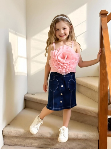 Set di Abbigliamento da Ragazza Con Top a Canotta Con Fiore 3D in Mesh e Gonna in Denim Con Tasche a Cuore Completo Casual