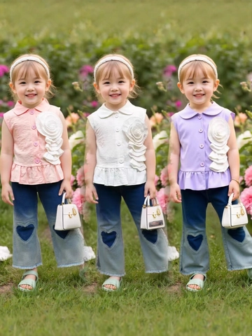 Mädchen Sommer Outfits Ärmelloses 3D Blumen Shirt Und Herz Denim Schlaghose Weiches Baumwoll Kinder Bekleidungsset