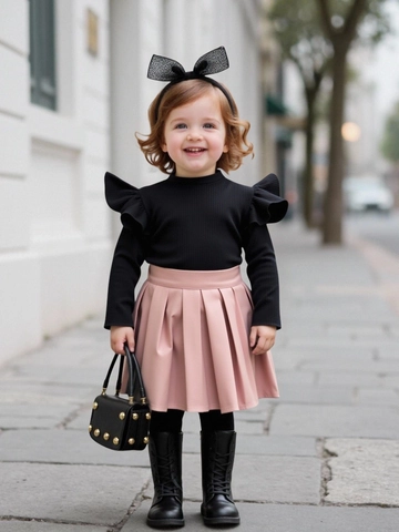 Girls Autumn Winter Ruffle Ribbed Knit Mock Neck Top And Pleated PU Leather Skirt Fashion Kids Two Piece Outfit Set