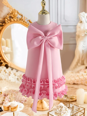 Robe de Princesse pour Filles Sans Manches Col Rond Nœud Surdimensionné Ourlet à Volants Couleur Unie pour Spectacle Fête Enfants Vêtements Formels