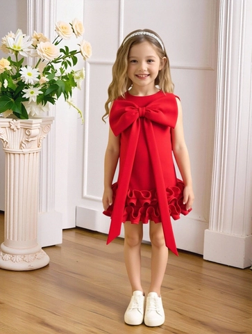 Robe de Princesse pour Filles Sans Manches Col Rond Nœud Surdimensionné Ourlet à Volants Couleur Unie pour Spectacle Fête Enfants Vêtements Formels